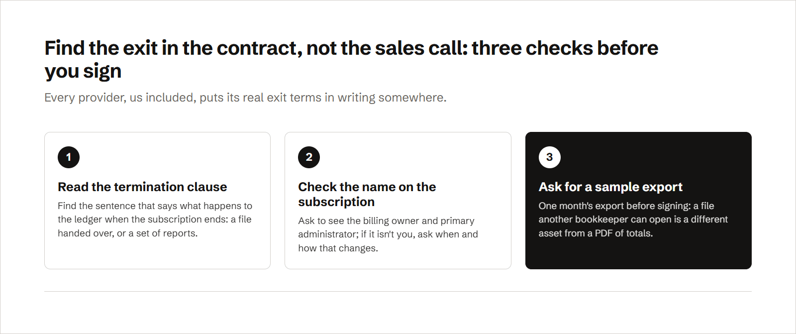 A three-step check before signing with any bookkeeping provider: read the termination clause for what happens to the ledger when the subscription ends, check whose name is on the accounting subscription as billing owner and primary administrator, and ask for one month's sample export to see whether you would leave with a working file or a PDF of totals.